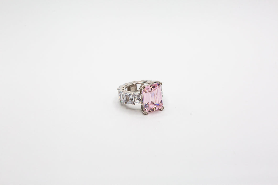 Sterling silver ring with Pink Emerald cut stone