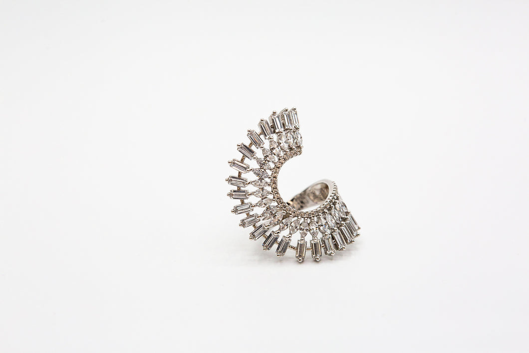 Crescent moon ring with Baguette Stones